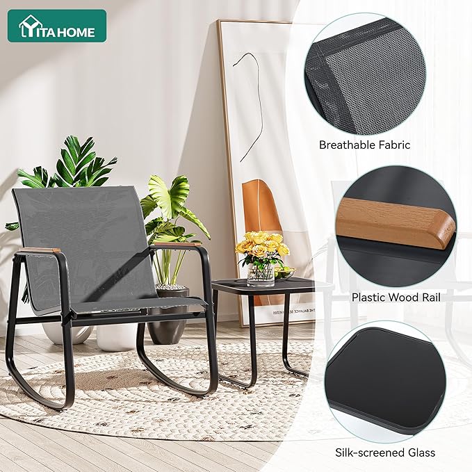 YITAHOME 3 Piece Rocking Bistro Set, Outdoor Patio Furniture Set with Wooden Armrests, Porch Chairs Set with Glass Table for Lawn, Garden, Balcony, Poolside, Dark Gray