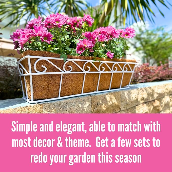 LaLaGreen Wall Mounted Planters (2 Pack, 30 Inch) Window Flower Boxes Basket Outdoor, Balcony Planter Over the Rail, Deck Railing Hanging with Coco Liners, White Metal Horse Troughs Fence Patio Porch