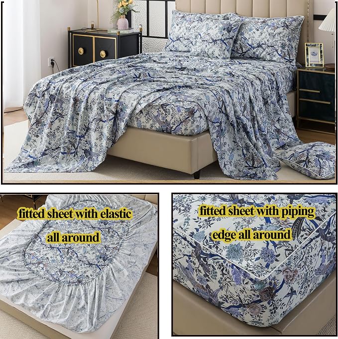FADFAY Sheets Set King Botanical Bird Floral Bed Sheets Set Vintage Blue Farmhouse Bedding Shabby Branches Bedding Collections 100% Egyptian Cotton Breathable Soft 17.7" Deep Pocket 4Pcs, King Size