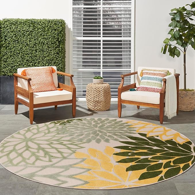 Nourison Home Aloha Indoor/Outdoor Green Multicolor 5'3" x Round Area Rug, Easy Cleaning, Non-Shedding, Bed Room, Living Room, Dining Room, Backyard, Patio, Deck (5 Round)