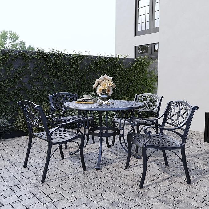 Homestyles Sanibel Black Stationary Cast Aluminum Outdoor Dining Chair, 2 Piece Patio Chairs, Set of 2 Garden Chairs with Armrest & Backrest for Garden Patio Pool Beach Yard, Black