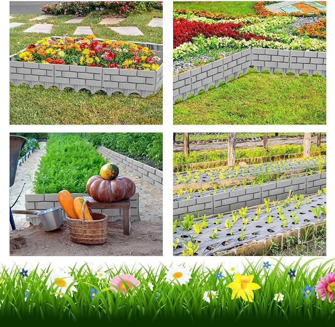 Landical 12 Pcs Imitation Stone Garden Fence, Faux Stone Retaining Wall Look Garden Bricks Border with Ground Stakes, 17.3 x 12.6 in Gray Plastic Edging Blocks for Flower Beds, Lawn, Mulch (Gray)