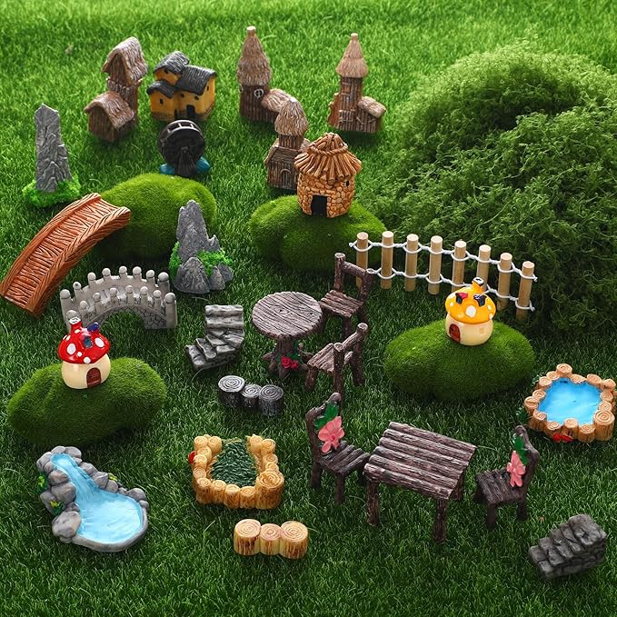 Fairy Garden Accessories, Miniature Garden Ornaments Landscape Mini Fairy Figures Animal Plant Set (32, Green)