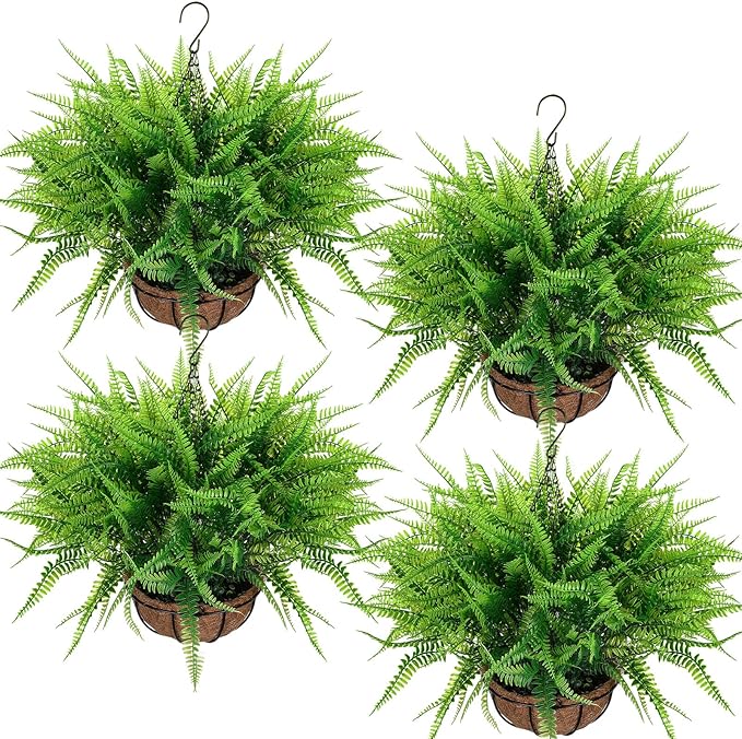 Giegxin 4 Pack Artificial Flowers Outdoor Small Fake Fern Plants 4 Hanging Basket Planters with 30 Pcs Fern Faux UV Resistant Plastic Plants for Front Porch Living Room Garden Decor