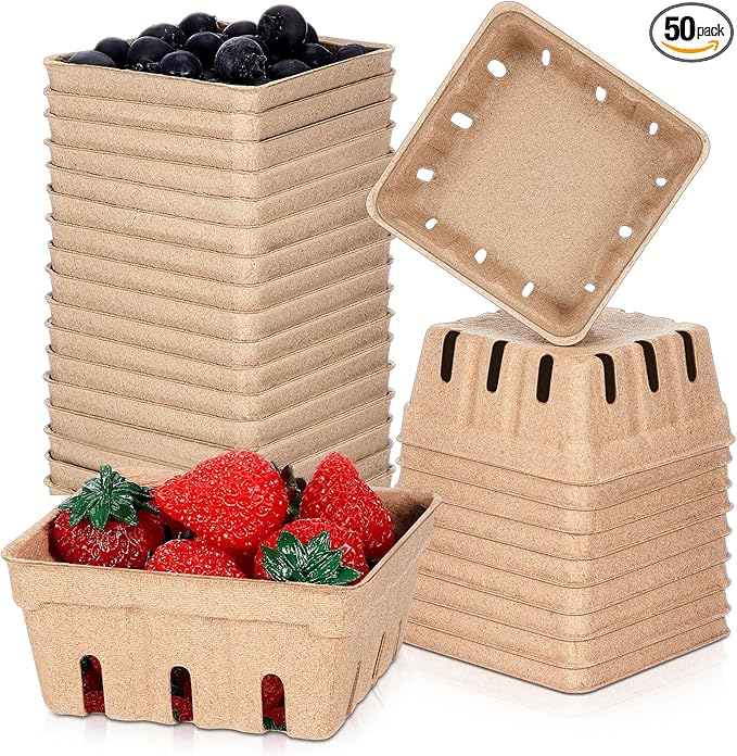 Reallnaive 50 Pack Natural Pulp Fiber Berry Baskets 1/2 Pint, Small Molded Produce Vented Basket for Strawberry, Blueberry, Raspberry, Vegetables, Farmers Market, Fruit Picking, Garden Harvest, Party