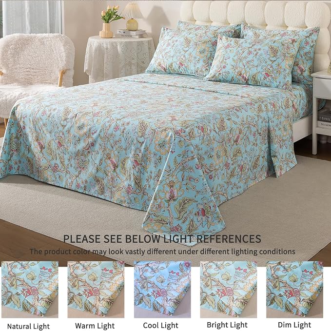FADFAY Twin XL Sheets 4Pcs Blue Floral College Bedding 100% Egyptian Cotton Dorm Room Bedding, Soft Cooling Breathable Dorm Sheets Extra Long with Deep Pocket Luxury Hotel Quality for All Seasons