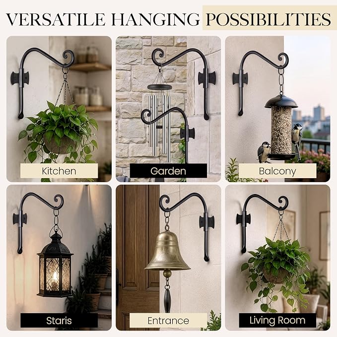 RTZEN Plant Hangers Outdoor or Indoor - Wrought Iron Metal Hanger Indoor Hook - Heavy Duty Wall Bracket Hooks for Hanging Plants Baskets Lanterns Bird Feeders - 2 Pack (Black Axe-Shape Hooks 7.5")