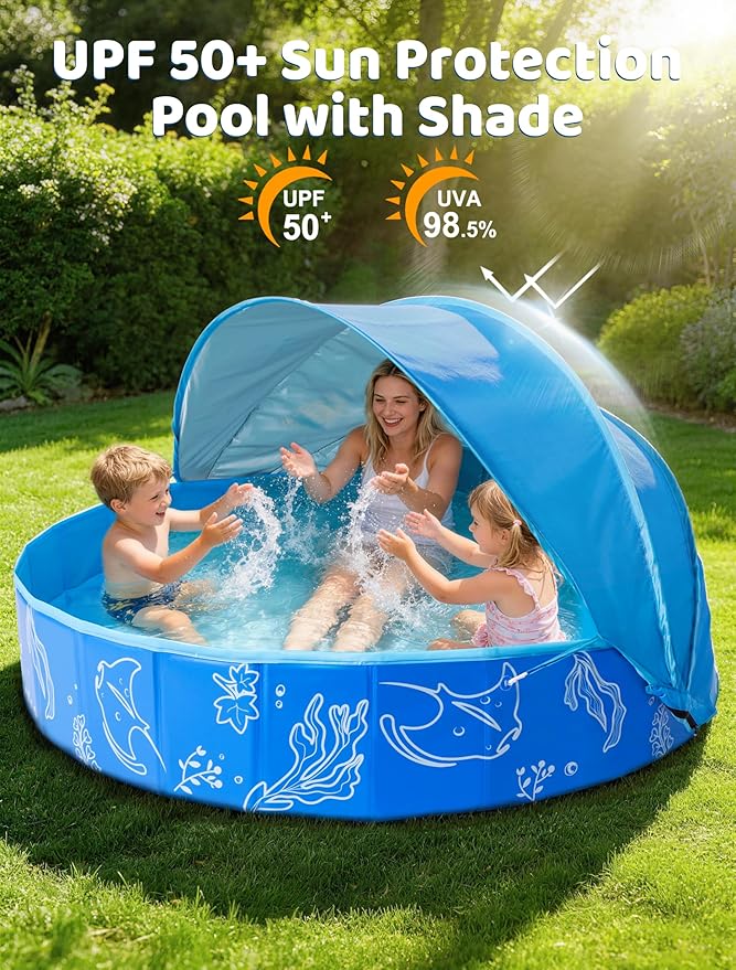 Hikiddy Foldable Kiddie Pool with Canopy: 31.5in/ 47in /63in for Baby Toddler Kids Family - Summer Water Play Pool with Shade - Portable for Outdoor Backyard Beach (Blue-Blue, 63in)