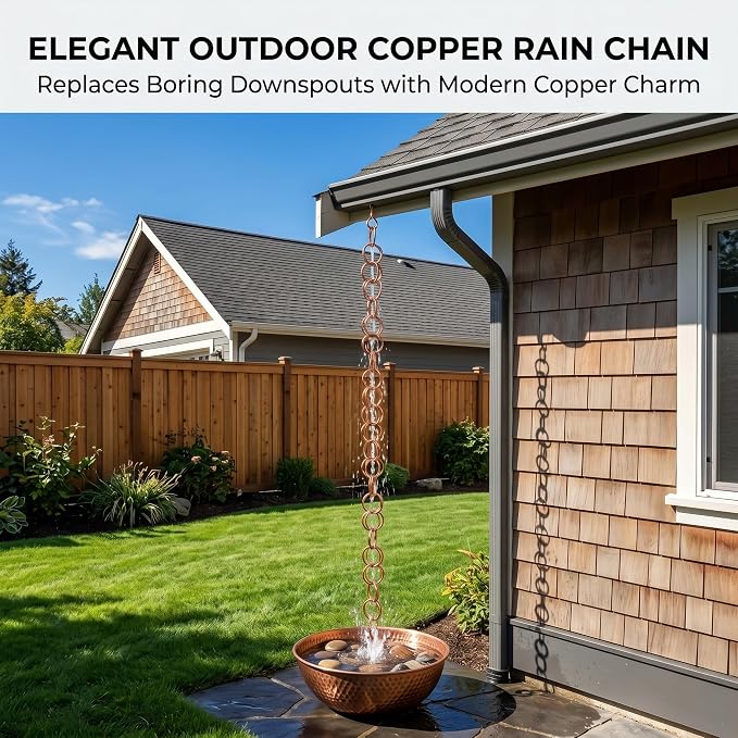Topadorn 7.7FT Copper Double Ring Rain Chain, Modern Decorative Metal Downspout Replacement, Adjustable Outdoor Water Diverter for Garden, Patio & Porch