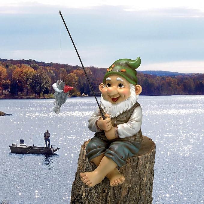 Design Toscano Ziggy with Fishing Pole Garden Gnome Indoor/Outdoor Shelf Sitter Statue, 9 Inch Tall, Cast Stone Resin, Full Color Finish