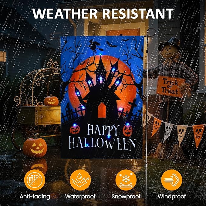 LED Christmas Haunted House Garden Flag Stake, Solar-Powered Double-Sided Outdoor Decor, Scary Yard Flag for Patio Lawn Thanksgiving Party Winter Holiday Decorations & Gifts