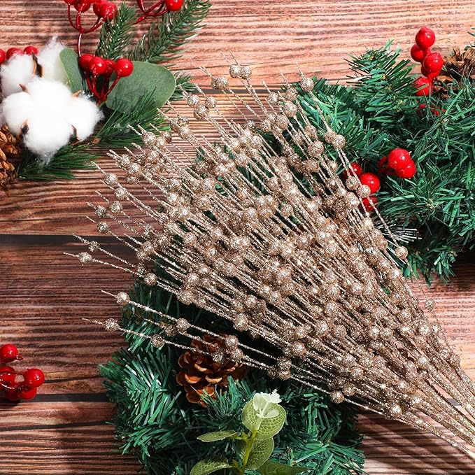 36 Pcs 17'' 15'' Christmas Artificial Glitter Berry Stems 4 Styles Xmas Decorative Tree Picks Branches Large Glittery Twigs for Christmas Tree Xmas Wreath Vase Filler(Champagne Gold)
