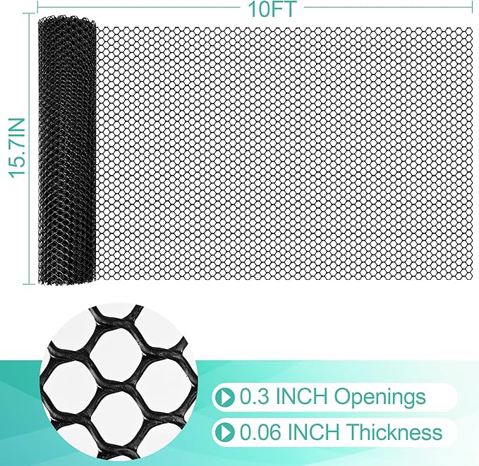 Plastic Mesh Fence Sheet 15.7IN x 10FT - 0.3IN Opening Plastic Chicken Wire Netting Roll Durable for Dogs, Poultry, Puppy, Garden Snake Barrier with 50 Pcs Zip Ties - Black