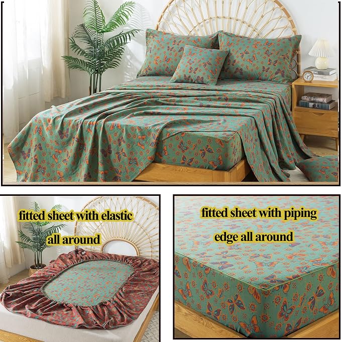FADFAY Butterfly Sheets Set Queen Vintage Green Red Floral Bedding Shabby Farmhouse Bedding Super Soft Washed Double -Layer Muslin Sheets 100% Cotton Deep Pocket Fitted Sheet 4Pcs, Queen Size