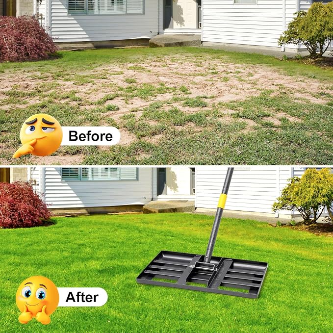 Lawn Leveling Rake, 62 Inch Adjustable Long Handle Leveling Rake, Black Heavy Duty & 1 Inch Diameter Stainless Steel Handle Lawn Rakes, Lawn Leveler Tool for Soil Grass Golf Field Yard