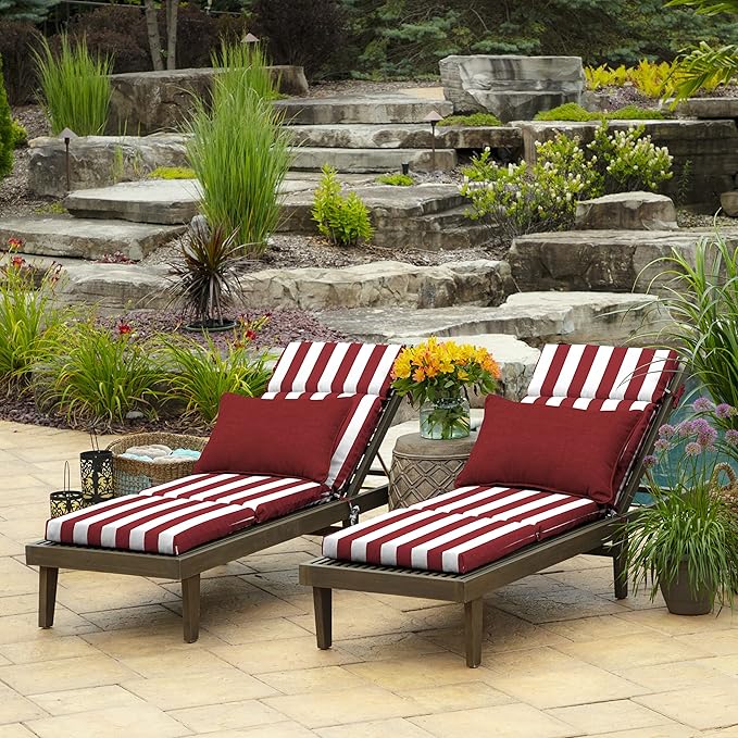 Arden Outdoor Chaise Cushion, 21 in x 72 in, Weather-Proof, Rain-Proof, Fade Resistant Patio Cushion for Chaise Lounger Ruby Red Cabana Stripe