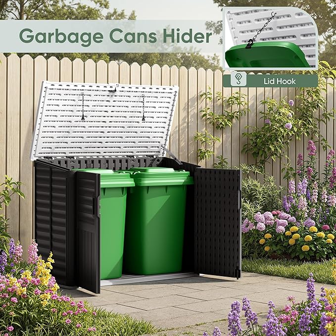 Devoko Resin Outdoor Storage Shed, 34 Cu Ft Outdoor Storage Cabinet Without Shelf, Waterproof, Double Locks, Resin Storage for Trash Can, Garden Tools, Pool Supplies (Black)