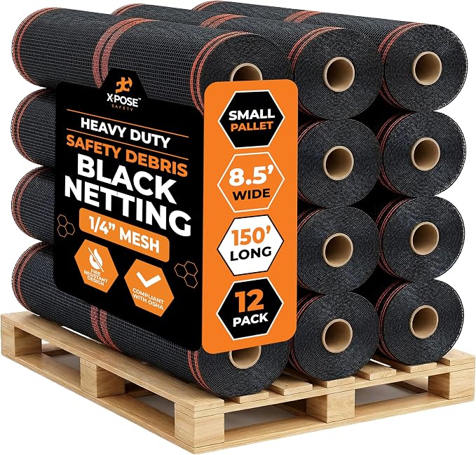 Xpose Safety Construction Safety Netting – 8.5' x 150', 1/4" Mesh Scaffold Safety Net, Temporary Material Roll, Visibility Fence, Heavy-Duty Fire Retardant, Black (12-Pack)