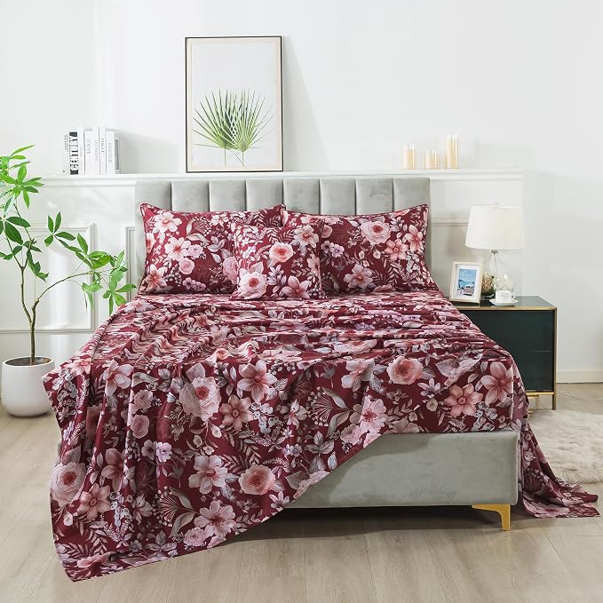 FADFAY Floral Sheets Set Full Vintage Red Floral Bedding Shabby Pink Rose Elegant Peony Sheets Rustic Farmhouse Bedding 800 Thread Count 100% Egyptian Cotton Deep Pocket Fitted Sheet 4Pcs, Full Size