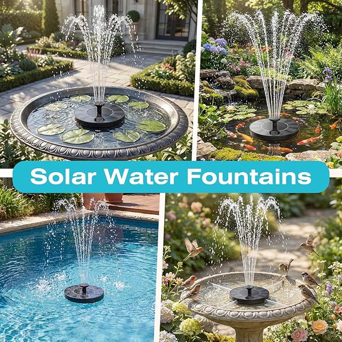 AMZtime Solar Fountain for Bird Bath, New Upgrade Mini Solar Fountain Pump, Free Standing Solar Powered Water Pump for Garden, Outdoor, Fish Tank, Pond and Pool