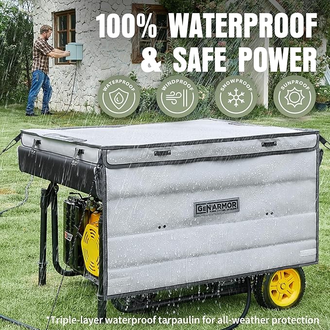GenArmor Generator Covers While Running, 100% Waterproof Heavy Duty Tarps Generator Tent, Portable Outdoor Generator Enclosure for Most 4000w~13000w Generators, Gray, Windproof Kit Version