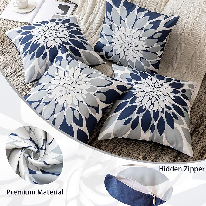 Qahing Pack of 4 Outdoor Waterproof Pillow Covers 18x18 Decorative Outdoor Throw Pillows Garden Square Cushion Cases for Patio Furniture, Couch, Tent Sunbrella, Bench, Navy Blue Grey