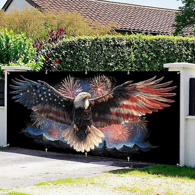 7 * 16FT Summer Garage Door Cover Decorations Sunset Palm Trees Garage Door Banner for Outdoor Indoor Summer Party Photography Backdrop (Eagle Flag Fireworks, 7 * 16 ft)