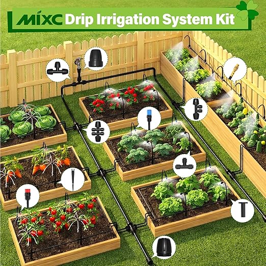 MIXC 2026-Upgrade 360° Adjustable Drip Irrigation System Kit, 200FT Bendable Watering Misting System with 3 Spray Nozzle Types, 1/2"(50FT) & 1/4"(150FT) Tubing for Garden Raised Bed Lawn & Greenhouse