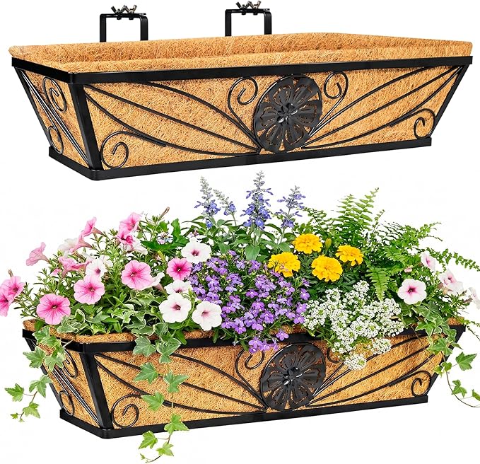 2 Pack 24 Inch Railing Planter Boxes with Coco Liner, Floral Scroll Metal Window Box Planters for Outdoor Plants, Black Hanging Window Baskets for Garden, Patio, Balcony Railing Decor