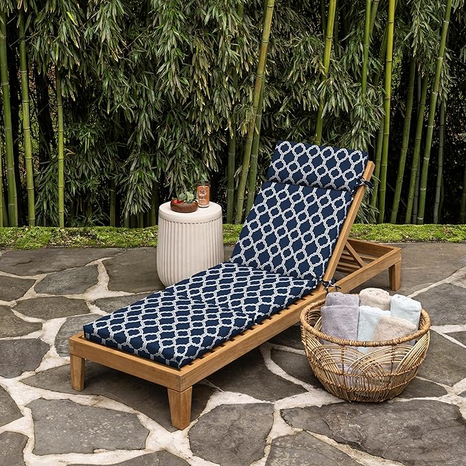 Arden earthFIBER Outdoor Chaise Cushion, 21 x 72, Rain-Proof, Fade Resistant, Cushion for Chaise Lounger Sapphire Blue Garden Trellis