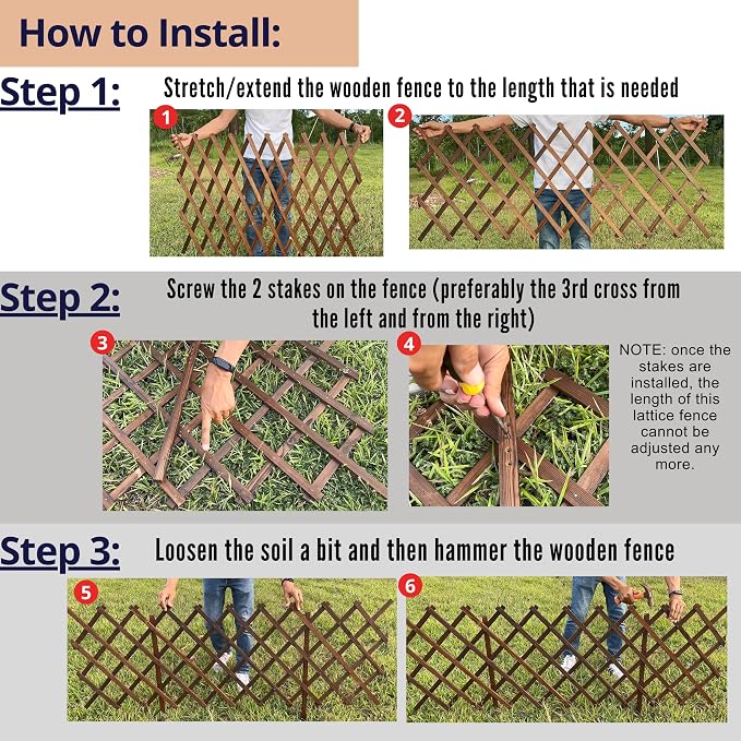 ShopLaLa Garden Fence (2 Pack, Total 12ft) Expandable Wooden Lattice Panels, Plant Support Trellis for Flower Bed Edging Outdoor Decorative Animal Barrier Fence Yard Lawn Border Patio Landscape Decor