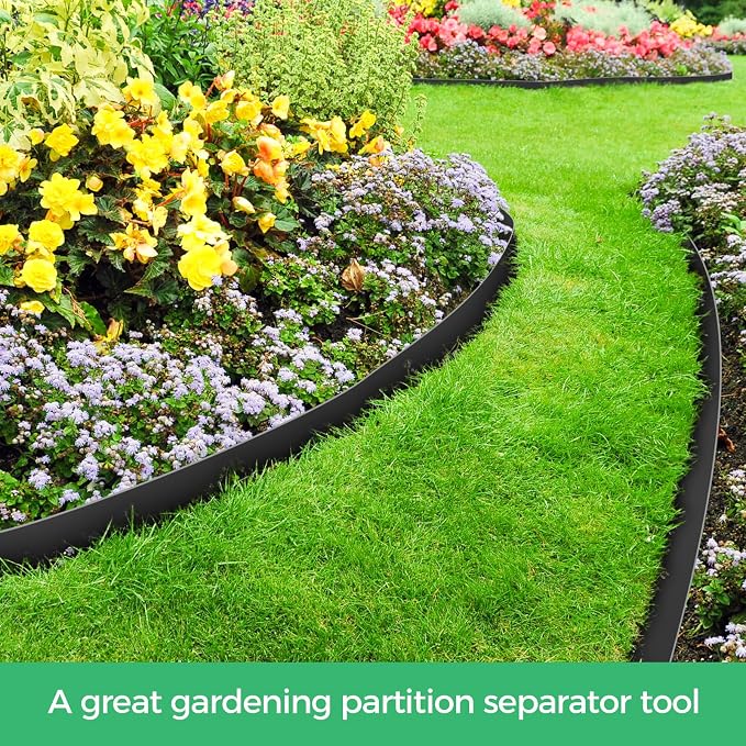 4-Inch x 33 FT Landscape Edging Border with 50 Spikes, No Dig Garden Edging Lawn Border Kit, Plastic Mulch Border Flexible for Garden Flower Beds Lawn Yard Pathway Paver (Black)