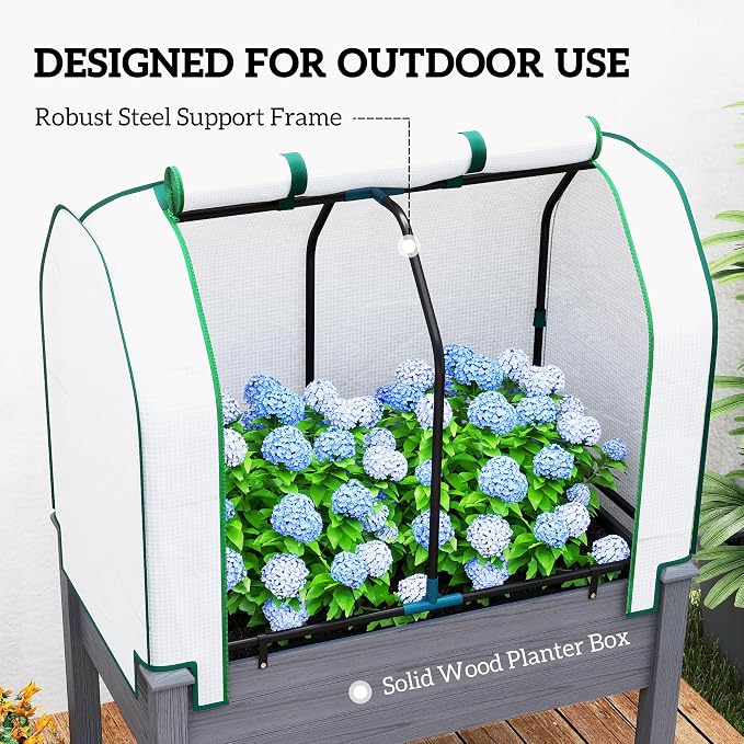 Outsunny Raised Garden Bed with PE Greenhouse Cover Outdoor Elevated Wood Planter Box for Herbs and Vegetables, Use for Patio, Backyard, Balcony, 35 x 22 x 47 inch, Dark Gray
