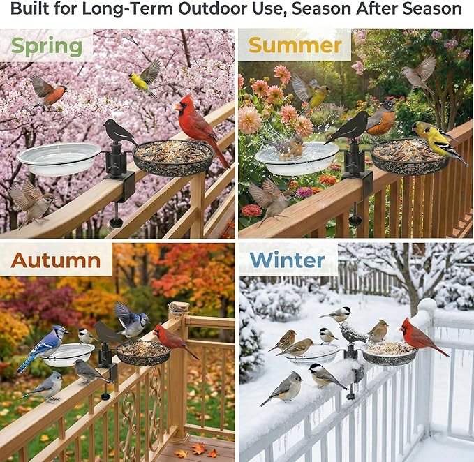 Deck Bird Feeder & Bird Bath for Balcony Railing, No-Drill Clamp Fits up to 2"/5cm – Heavy-Duty Metal Mesh Tray, Windproof Locking Water Bowl, Wild Bird Feeding Station with Cleaning Brush