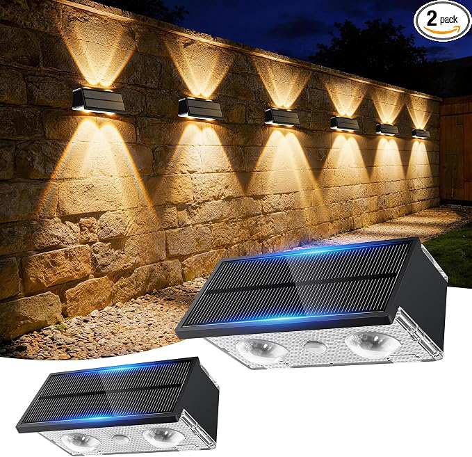 Solar Fence Lights Outdoor, 100LM Fence Lights Solar Powered Waterproof, 9 Color Modes, Up & Down LED Focused Beam, 12H Dusk to Dawn Glow for Pool/Patio/Wall/Backyard - 2 Pack, Black