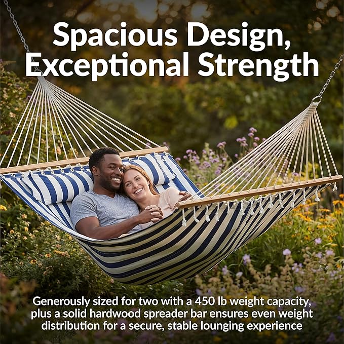 Sunnydaze Quilted Outdoor Hammock with Spreader Bars - Heavy-Duty 450-Pound Capacity Double Hammock for Outside - Blue and White Stripe