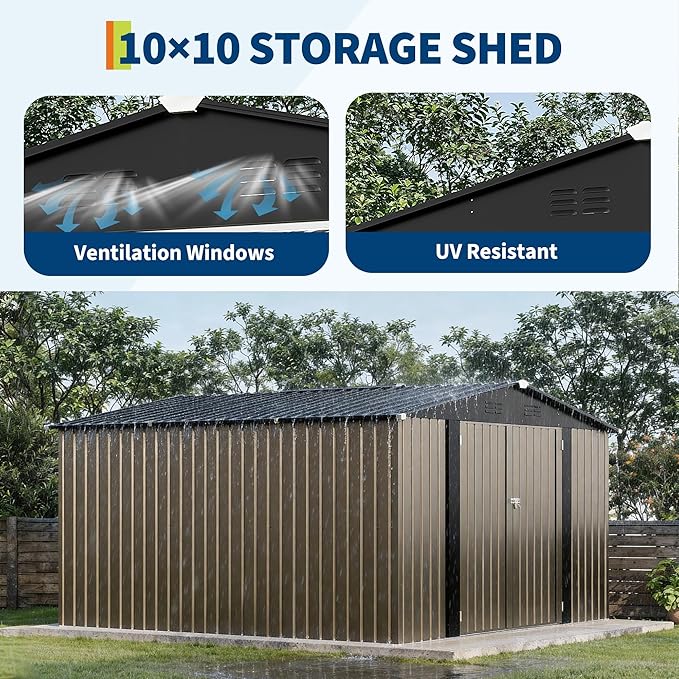 Garvee 10 X 10 FT Outdoor Storage Shed,Metal Garden Sheds&Outdoor Storage Clearance, Large Outdoor Storage Shed for Tools, Lawn Equipment, Garden Supplies - All Weather Lockable Metal Shed