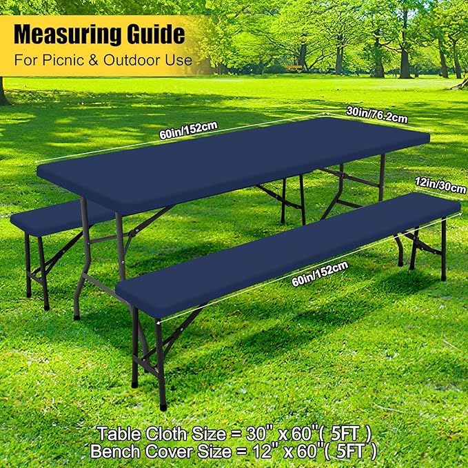 Smiry Picnic Table Cover with Bench Covers, Waterproof Elastic Fitted Polyester Tablecloths for 5 Ft Rectangle Tables, Washable Windproof Tablecloth for Outdoor, RV & Camping (Navy, 30x60 Inches)
