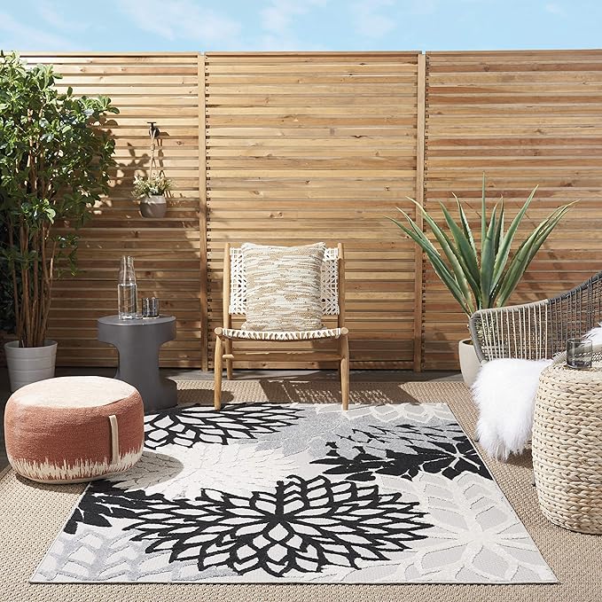 Nourison Home Aloha Indoor/Outdoor Black White 3'6" x 5'6" Area Rug, Tropical, Botanical, Easy Cleaning, Non Shedding, Bed Room, Living Room, Dining Room, Deck, Backyard, Patio (3x5)