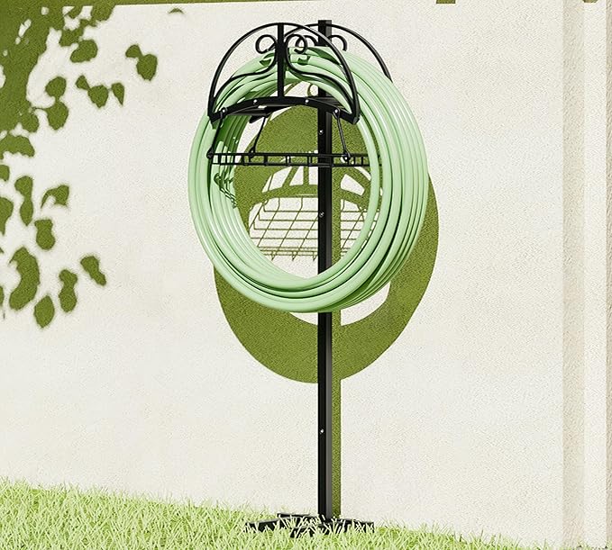Freestanding Garden Hose Organizer with Storage Basket - Heavy-Duty Black Powder-Coated Hose Stand, Detachable Design Holds 150FT Hose, Includes Wrench & Screwdriver for Easy Assembly