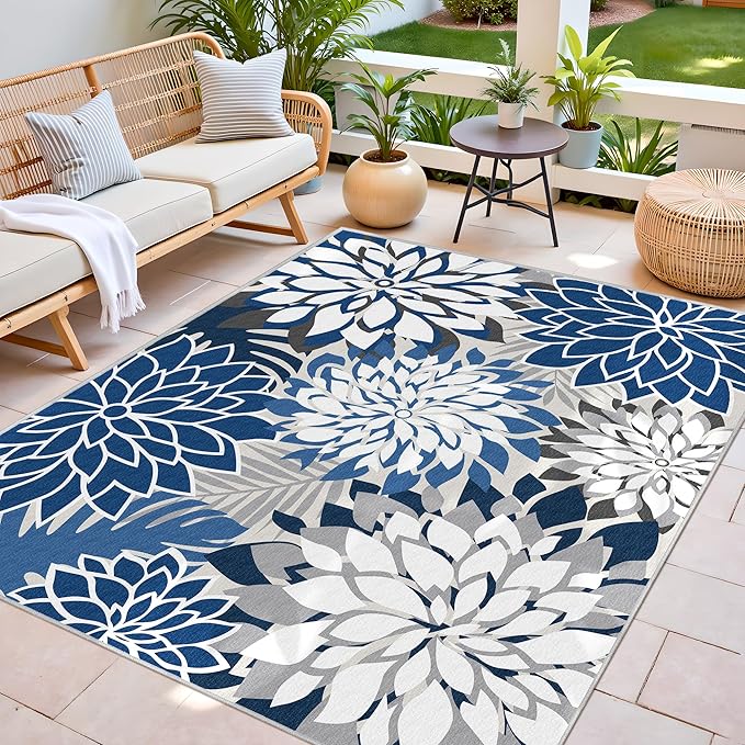 6x9 Outdoor Area Rug Washable Multicolored Patio Rug Tropical Botanical Floral Chenille Waterproof Outdoor Carpet Non-Slip for Patio, Deck, Backyard, Porch, Blue