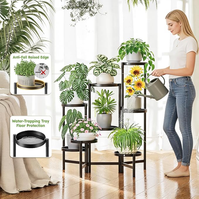 Black Stand Plants, Metal Tiered Plant Stands Indoor, 8 Tier Corner Flodable Plant Stand Outdoor Planter Flower Pot for Multiple Plants, Floding Display Racks for Patio Porch Balcony