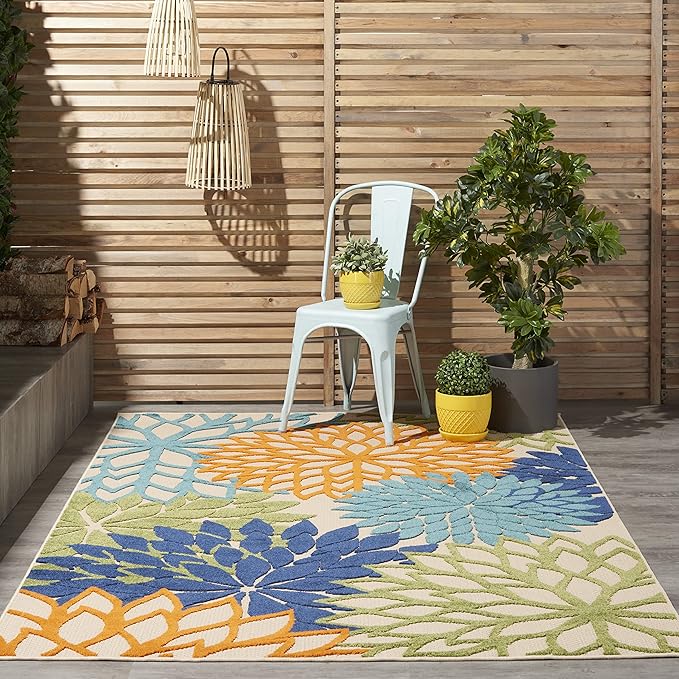 Nourison Home Aloha Indoor/Outdoor Multicolor 3'6" x 5'6" Area-Rug, Tropical, Botanical, Easy-Cleaning, Non Shedding, Bed Room, Living Room, Dining Room, Deck, Backyard, Patio (3x5)