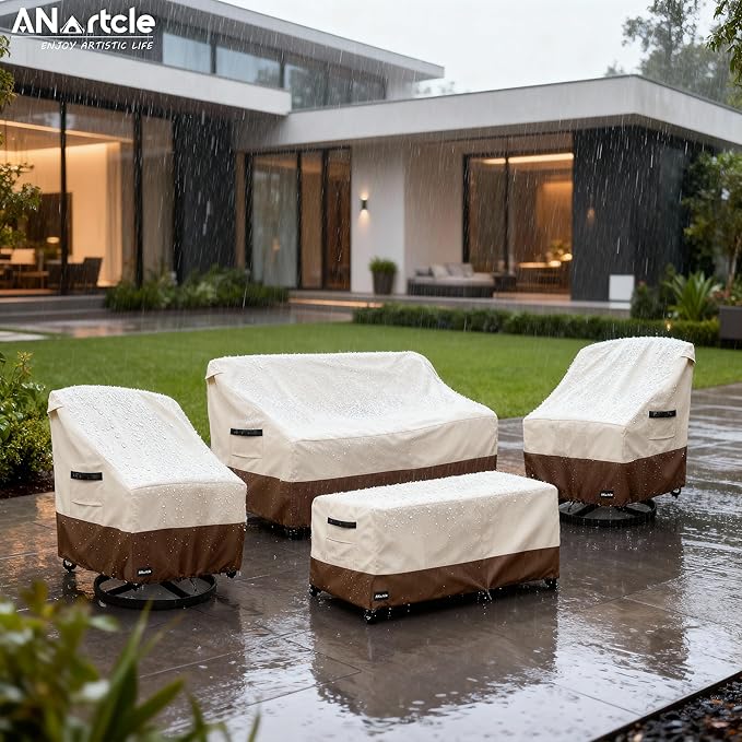 ANartcle Patio Furniture Covers 4 Piece Set, 600D Waterproof Heavy Duty Outdoor Furniture Covers,Fit Wicker Patio Loveseat, Swivel Rocker Chair and Coffee Table,Beige&Brown
