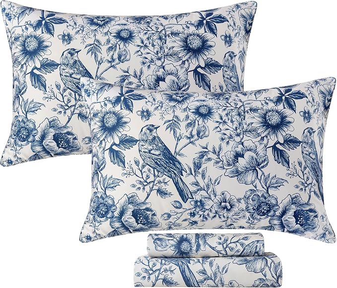 FADFAY Sunflower Bird Sheets Set Twin 100% Egyptian Cotton Blue Toile de Jouy Bedding Vintage Blue and White Floral Farmhouse Bedding Shabby French Country Sheets Deep Pocket Soft Breathable 4Pcs