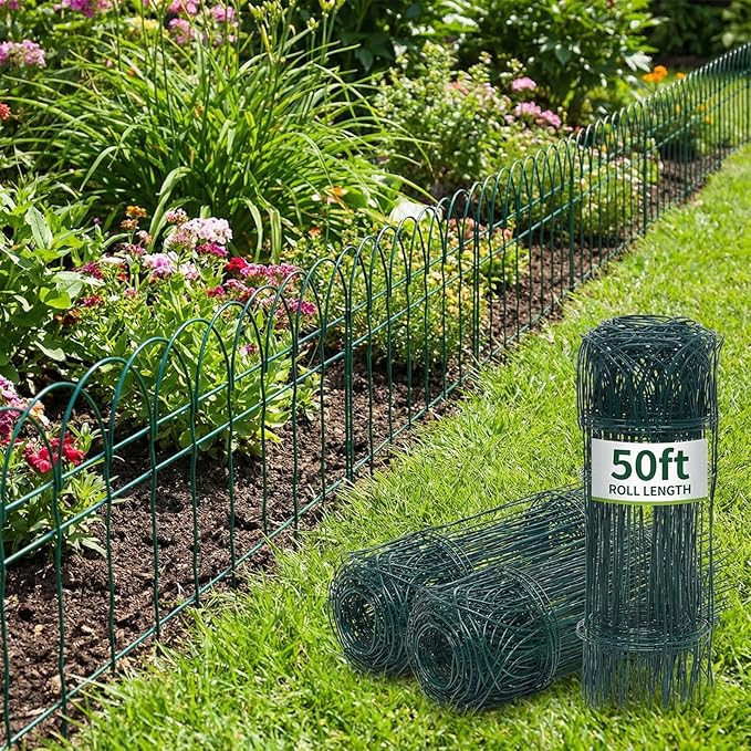 Roowest 16" x 50' Green Garden Border Fence, Metal Wire Folding Fence Roll for Outdoor Yard, Patio & Flower Bed Edging, No-dig Animal Barrier, Rustproof Decorative Landscape Fencing