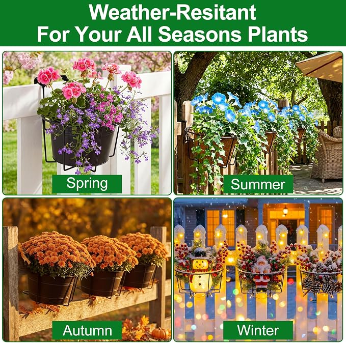 Adjustable Hanging Railing Planter, 3 Pack Fit 1.5 to 4.5 Inches Railing, Weather-Resistant Metal Balcony Rail Planters, Work for Outdoor Fence Deck Garden Patio Halloween Christmas Decor
