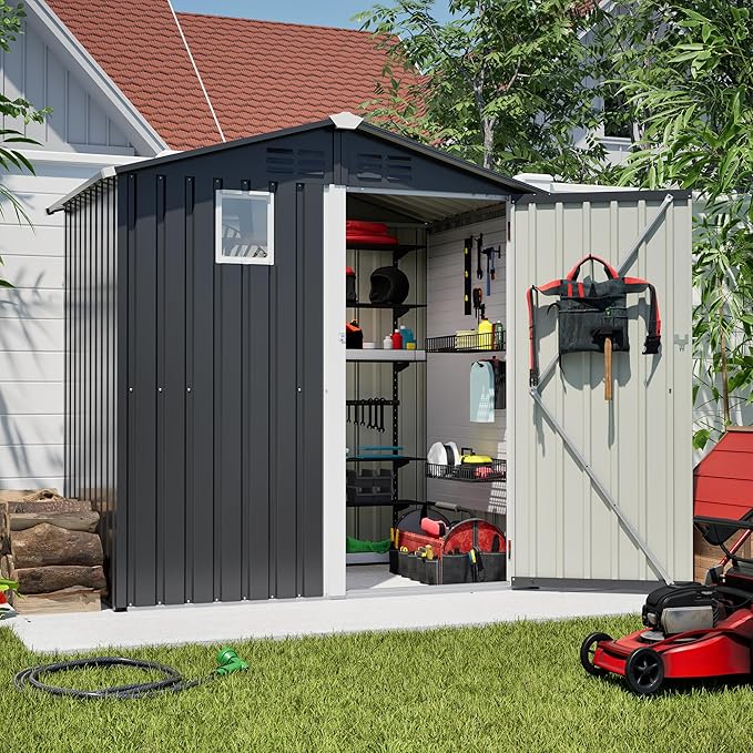 YOPTO 6x4 FT Outdoor Storage Shed,Metal Shed with Window,Garden Shed W/Dual Air Vents & Lockable Sliding Door,All Weather Waterproof Tool House W/Sloped Roof,for Patio,Yard,Lawn,Black