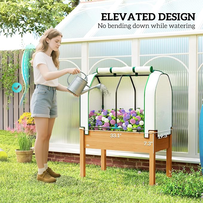Outsunny Raised Garden Bed with PE Greenhouse Cover Outdoor Elevated Wood Planter Box for Herbs and Vegetables, Use for Patio, Backyard, Balcony, 35 x 22 x 47 inch, Sand