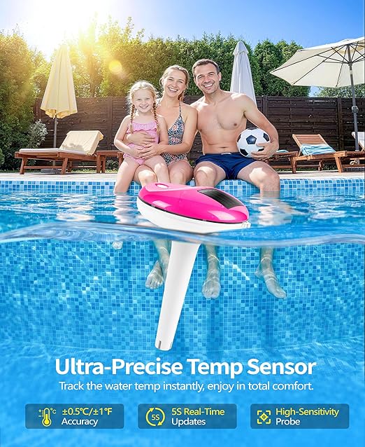 Sinbyuer 2026 Solar Digital Pool Thermometer with Rope | Easy Read Large LCD Display & Big Numbers Floating Pool Thermometer | High Precision & IP68 Waterproof Pools Temperature Gauge for Hot Tub-Pink